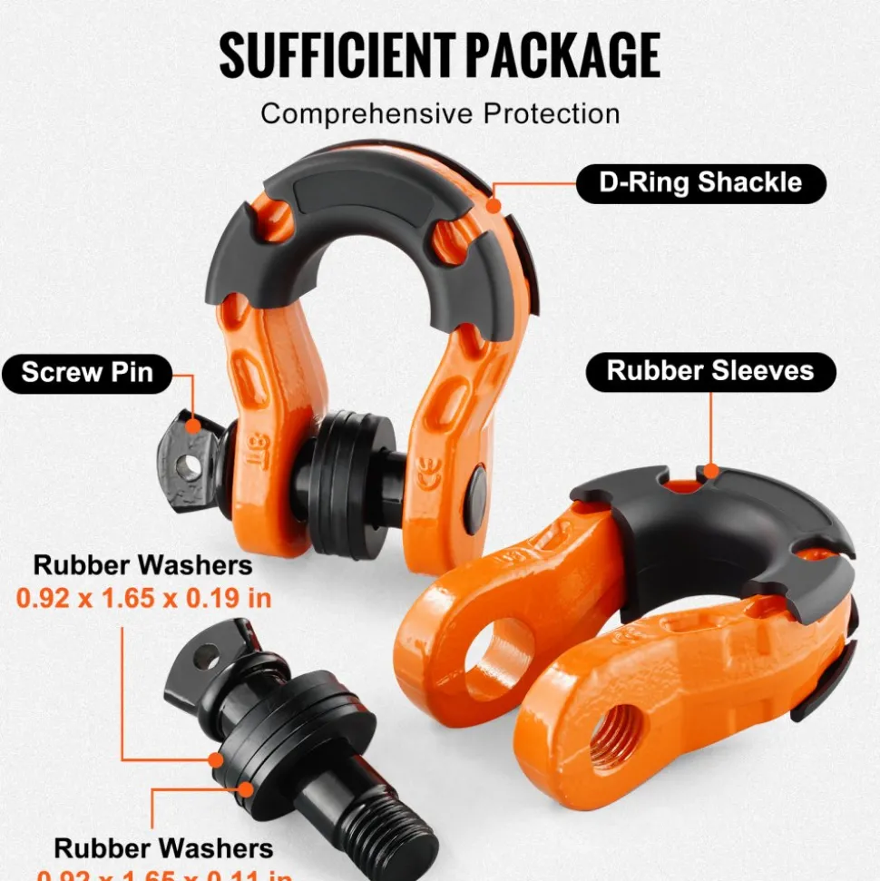 VEVOR 3/4" D-Ring Shackle, 2 Pack Alloy Steel Shackles 66139 lbs (30 Ton) Break Strength with 7/8" Screw Pin, Isolators & Washers, Heavy Duty Off Road Vehicle Recovery Shackle for Jeep Truck, Orange