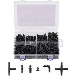 VEVOR Drip Irrigation Fittings Kit for 1/4" Tubing, 300 Pcs Drip Irrigation System Parts, Tees, Straight Barb, 4 Way Coupling, Elbows, End Plug, Single Barbs, Barbed Connectors for Yard Garden Lawn
