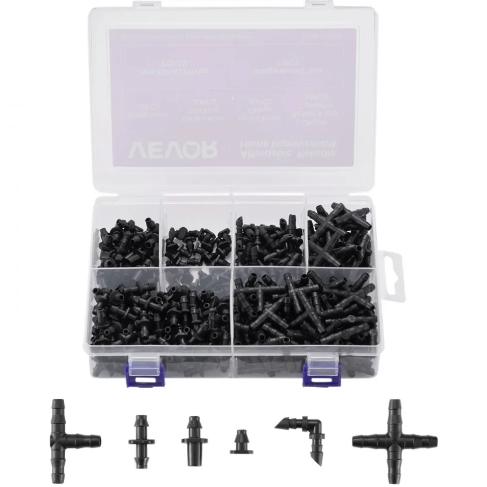 VEVOR Drip Irrigation Fittings Kit for 1/4" Tubing, 300 Pcs Drip Irrigation System Parts, Tees, Straight Barb, 4 Way Coupling, Elbows, End Plug, Single Barbs, Barbed Connectors for Yard Garden Lawn