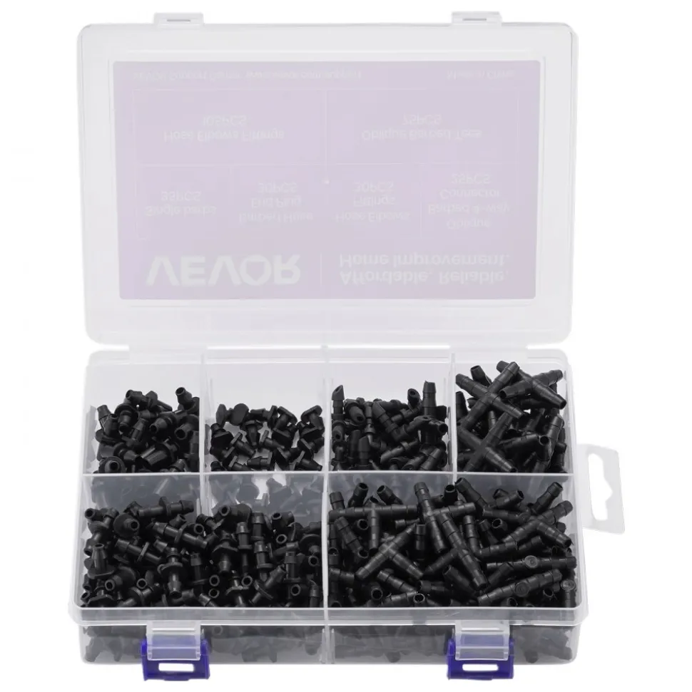 VEVOR Drip Irrigation Fittings Kit for 1/4" Tubing, 300 Pcs Drip Irrigation System Parts, Tees, Straight Barb, 4 Way Coupling, Elbows, End Plug, Single Barbs, Barbed Connectors for Yard Garden Lawn