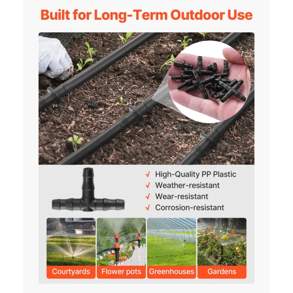 VEVOR Drip Irrigation Fittings Kit for 1/4" Tubing, 300 Pcs Drip Irrigation System Parts, Tees, Straight Barb, 4 Way Coupling, Elbows, End Plug, Single Barbs, Barbed Connectors for Yard Garden Lawn