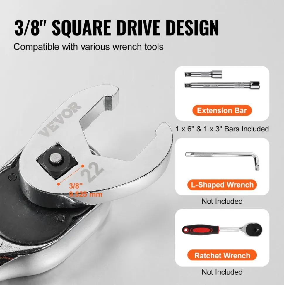 VEVOR 3/8" Drive Crowfoot Wrench Set with 2 Extension Bars, 24-Piece Crows Foot Wrench Set, SAE 3/8"-1" and Metric 10-22 mm, CR-MO Steel Crowfoot Wrench Set, with EVA Tool Organizer