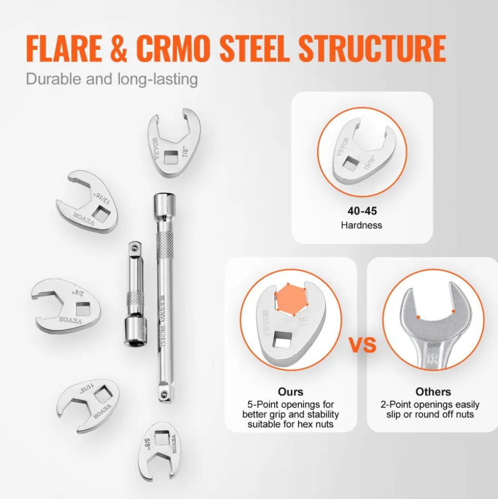 VEVOR 3/8" Drive Crowfoot Wrench Set with 2 Extension Bars, 24-Piece Crows Foot Wrench Set, SAE 3/8"-1" and Metric 10-22 mm, CR-MO Steel Crowfoot Wrench Set, with EVA Tool Organizer