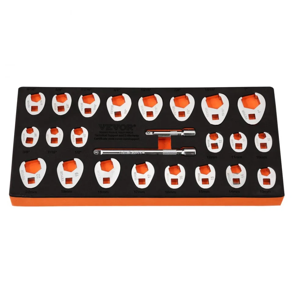 VEVOR 3/8" Drive Crowfoot Wrench Set with 2 Extension Bars, 24-Piece Crows Foot Wrench Set, SAE 3/8"-1" and Metric 10-22 mm, CR-MO Steel Crowfoot Wrench Set, with EVA Tool Organizer