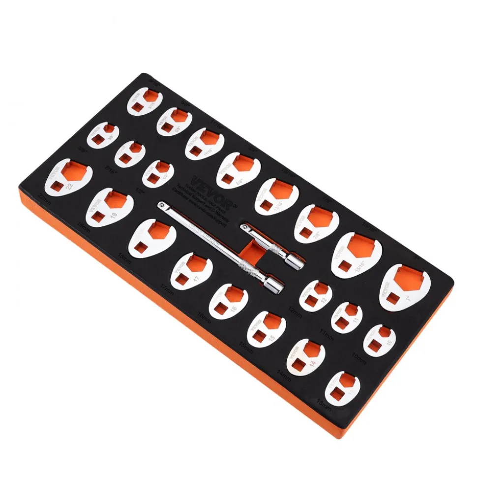 VEVOR 3/8" Drive Crowfoot Wrench Set with 2 Extension Bars, 24-Piece Crows Foot Wrench Set, SAE 3/8"-1" and Metric 10-22 mm, CR-MO Steel Crowfoot Wrench Set, with EVA Tool Organizer