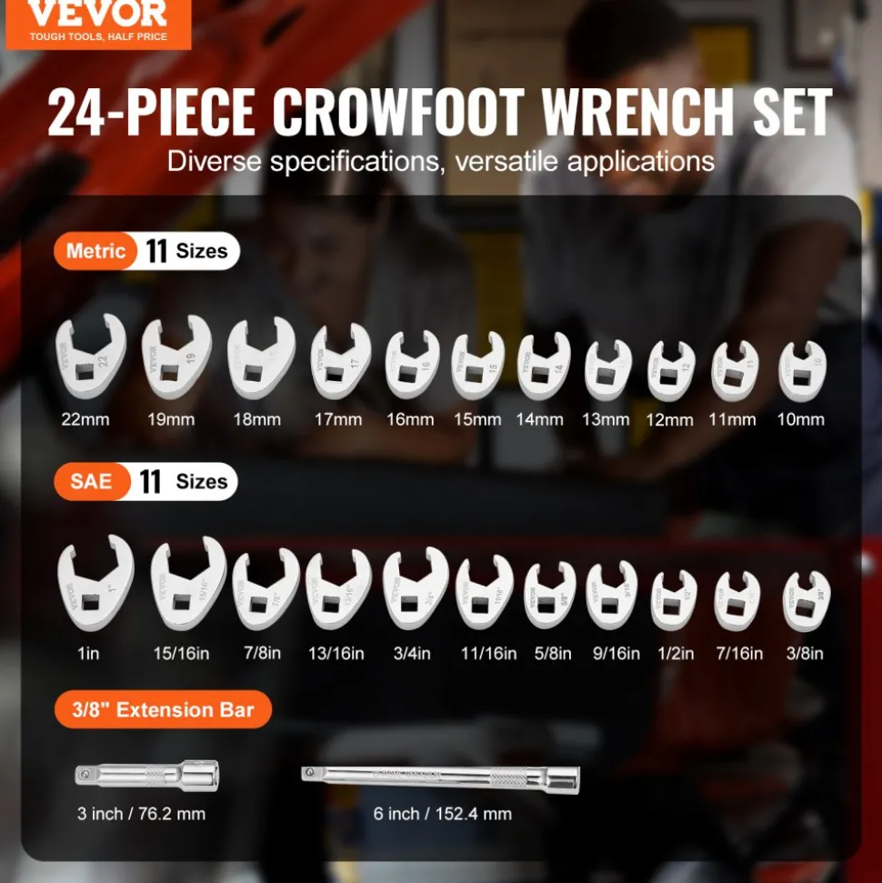 VEVOR 3/8" Drive Crowfoot Wrench Set with 2 Extension Bars, 24-Piece Crows Foot Wrench Set, SAE 3/8"-1" and Metric 10-22 mm, CR-MO Steel Crowfoot Wrench Set, with EVA Tool Organizer
