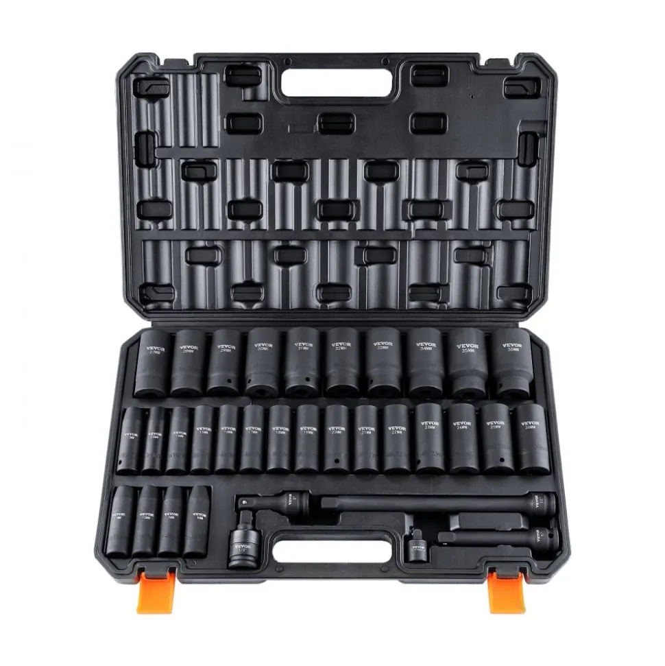 VEVOR 1/2" Drive Deep Impact Socket Set, 34pcs Socket Set Metric (8-36mm) 6 Point Cr-MO Alloy Steel for Auto Repair, Rugged Construction, Includes Heavy Duty Storage Case