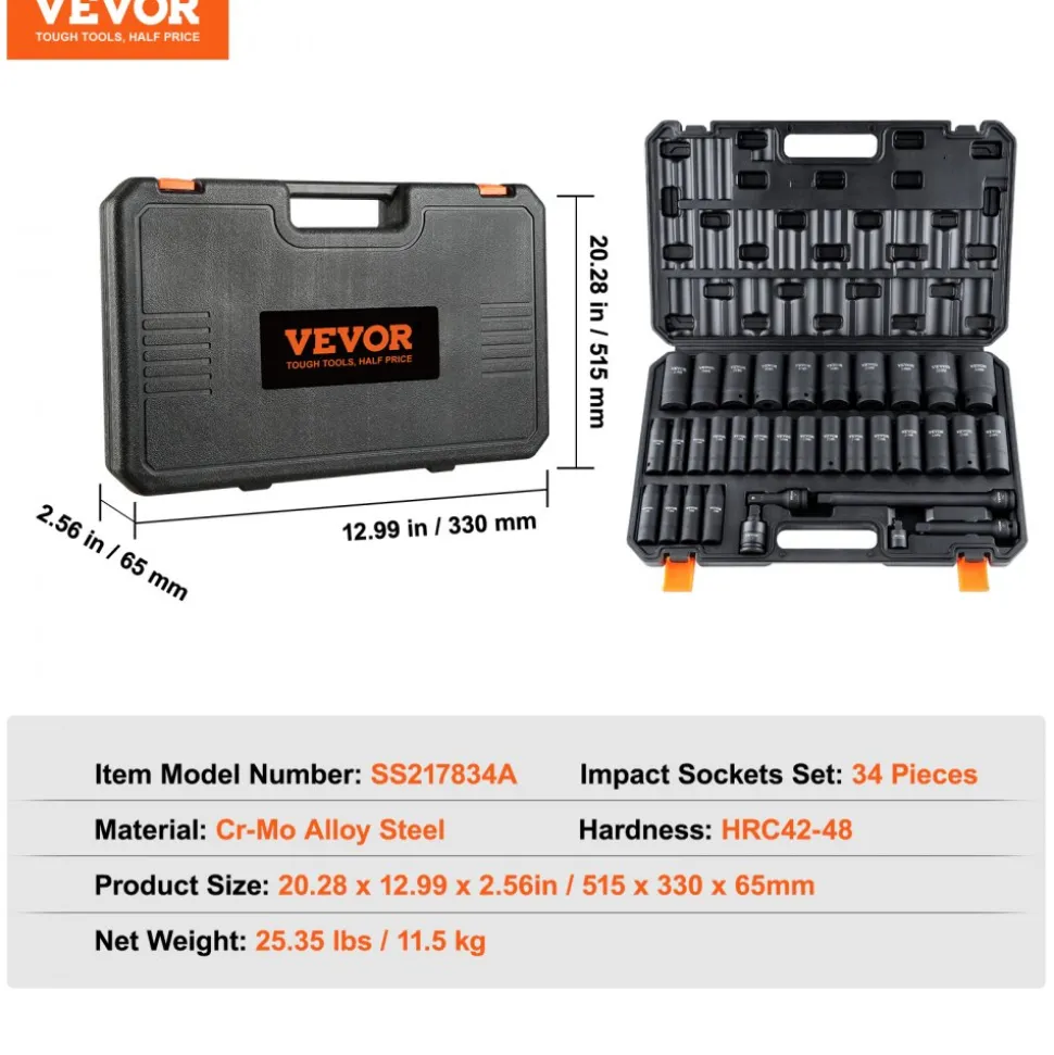 VEVOR 1/2" Drive Deep Impact Socket Set, 34pcs Socket Set Metric (8-36mm) 6 Point Cr-MO Alloy Steel for Auto Repair, Rugged Construction, Includes Heavy Duty Storage Case