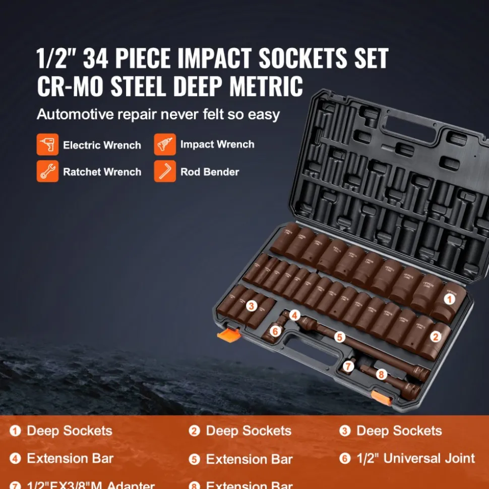 VEVOR 1/2" Drive Deep Impact Socket Set, 34pcs Socket Set Metric (8-36mm) 6 Point Cr-MO Alloy Steel for Auto Repair, Rugged Construction, Includes Heavy Duty Storage Case