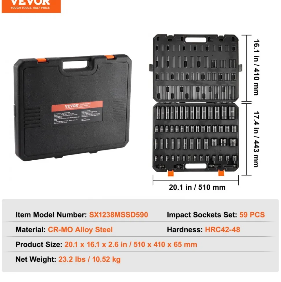 VEVOR 3/8" & 1/2" Drive Impact Socket Set, 59PCS Socket Set SAE 5/16" to 1-1/4" and Metric 6-32mm, 6 Point Cr-Mo Alloy Steel for Auto Repair, Easy-to-Read Markings, Rugged Construction, Storage Case