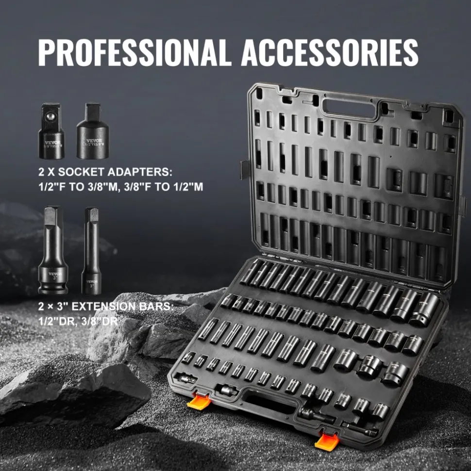 VEVOR 3/8" & 1/2" Drive Impact Socket Set, 59PCS Socket Set SAE 5/16" to 1-1/4" and Metric 6-32mm, 6 Point Cr-Mo Alloy Steel for Auto Repair, Easy-to-Read Markings, Rugged Construction, Storage Case
