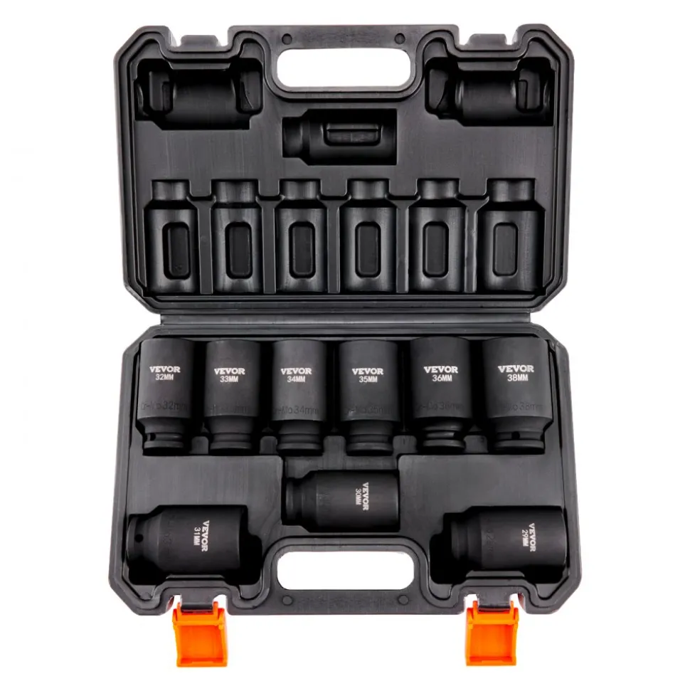 VEVOR 1/2" Drive Impact Socket Set, 9 Piece Deep Socket Set Metric 29-38mm, 6 Point Cr-Mo Alloy Steel for Auto Repair, Easy-to-Read Size Markings, Rugged Construction, Includes Storage Case