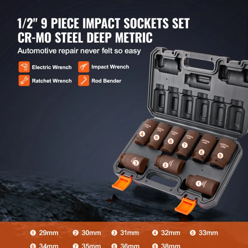 VEVOR 1/2" Drive Impact Socket Set, 9 Piece Deep Socket Set Metric 29-38mm, 6 Point Cr-Mo Alloy Steel for Auto Repair, Easy-to-Read Size Markings, Rugged Construction, Includes Storage Case