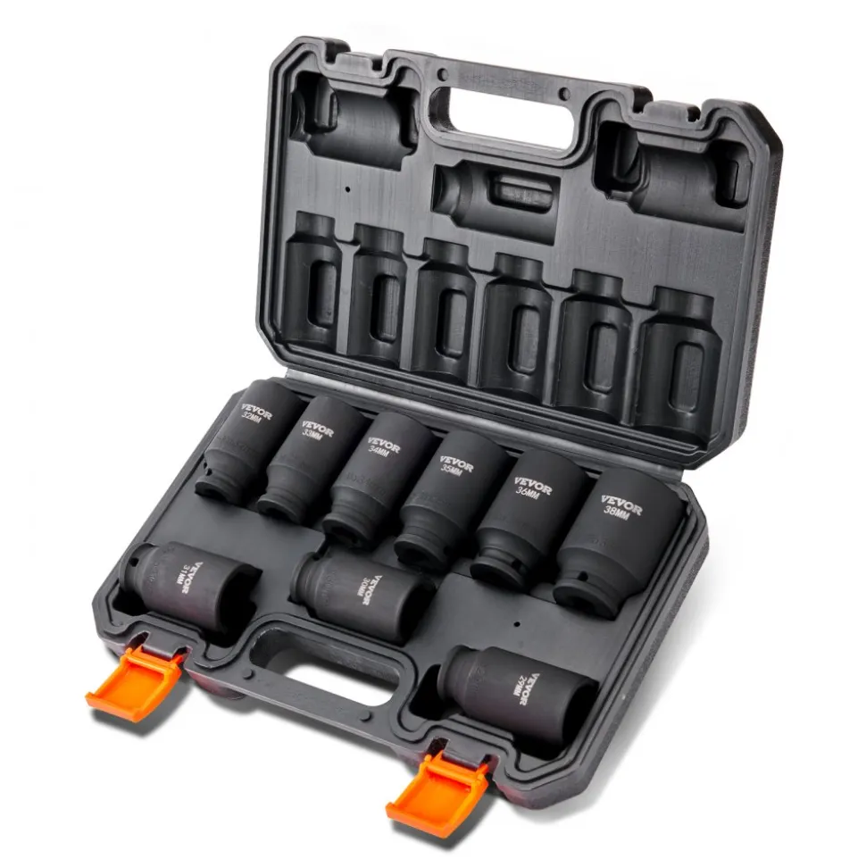 VEVOR 1/2" Drive Impact Socket Set, 9 Piece Deep Socket Set Metric 29-38mm, 6 Point Cr-Mo Alloy Steel for Auto Repair, Easy-to-Read Size Markings, Rugged Construction, Includes Storage Case