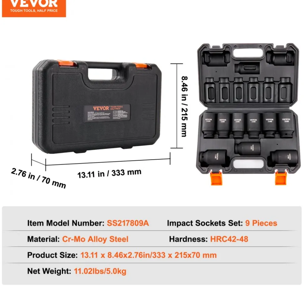 VEVOR 1/2" Drive Impact Socket Set, 9 Piece Deep Socket Set Metric 29-38mm, 6 Point Cr-Mo Alloy Steel for Auto Repair, Easy-to-Read Size Markings, Rugged Construction, Includes Storage Case