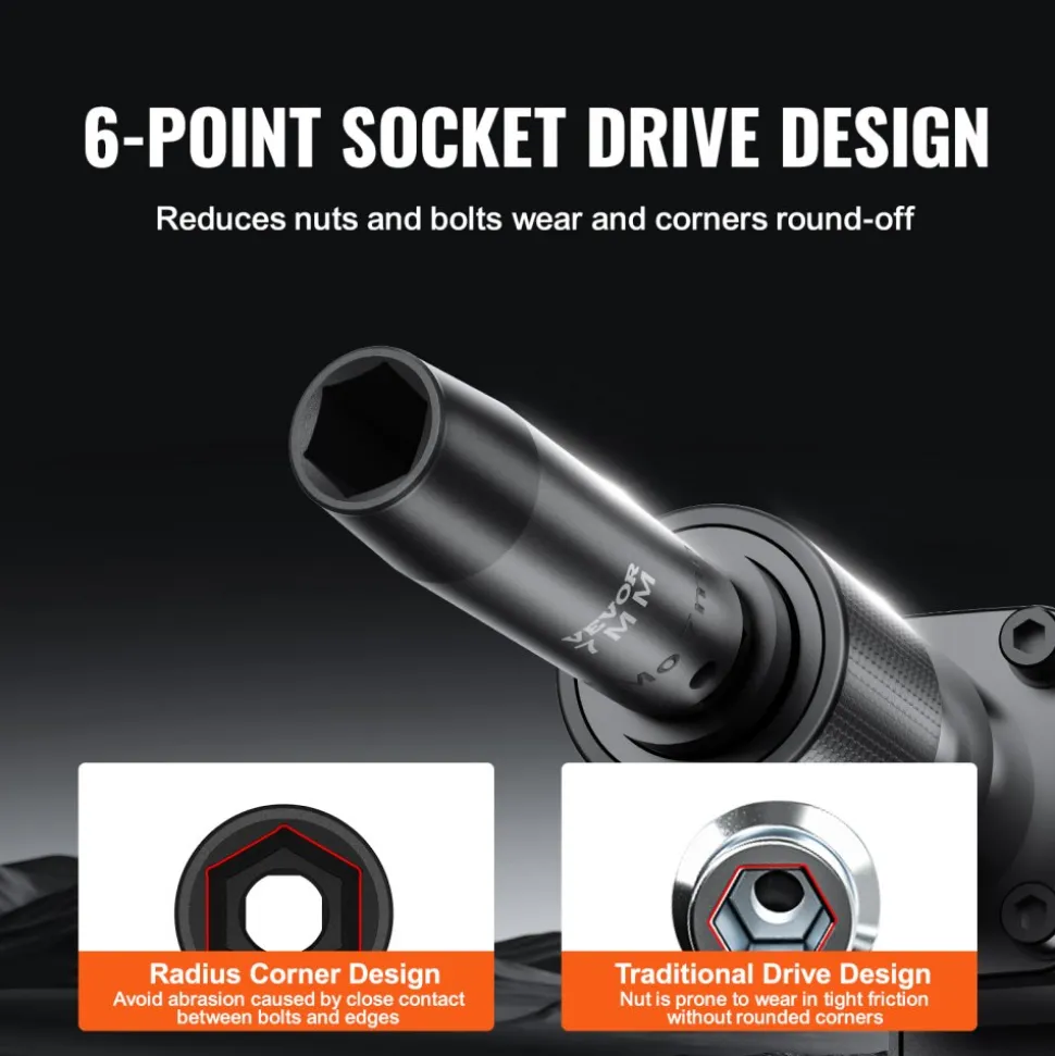 VEVOR 1/2" Drive Impact Socket Set, 9 Piece Deep Socket Set Metric 29-38mm, 6 Point Cr-Mo Alloy Steel for Auto Repair, Easy-to-Read Size Markings, Rugged Construction, Includes Storage Case