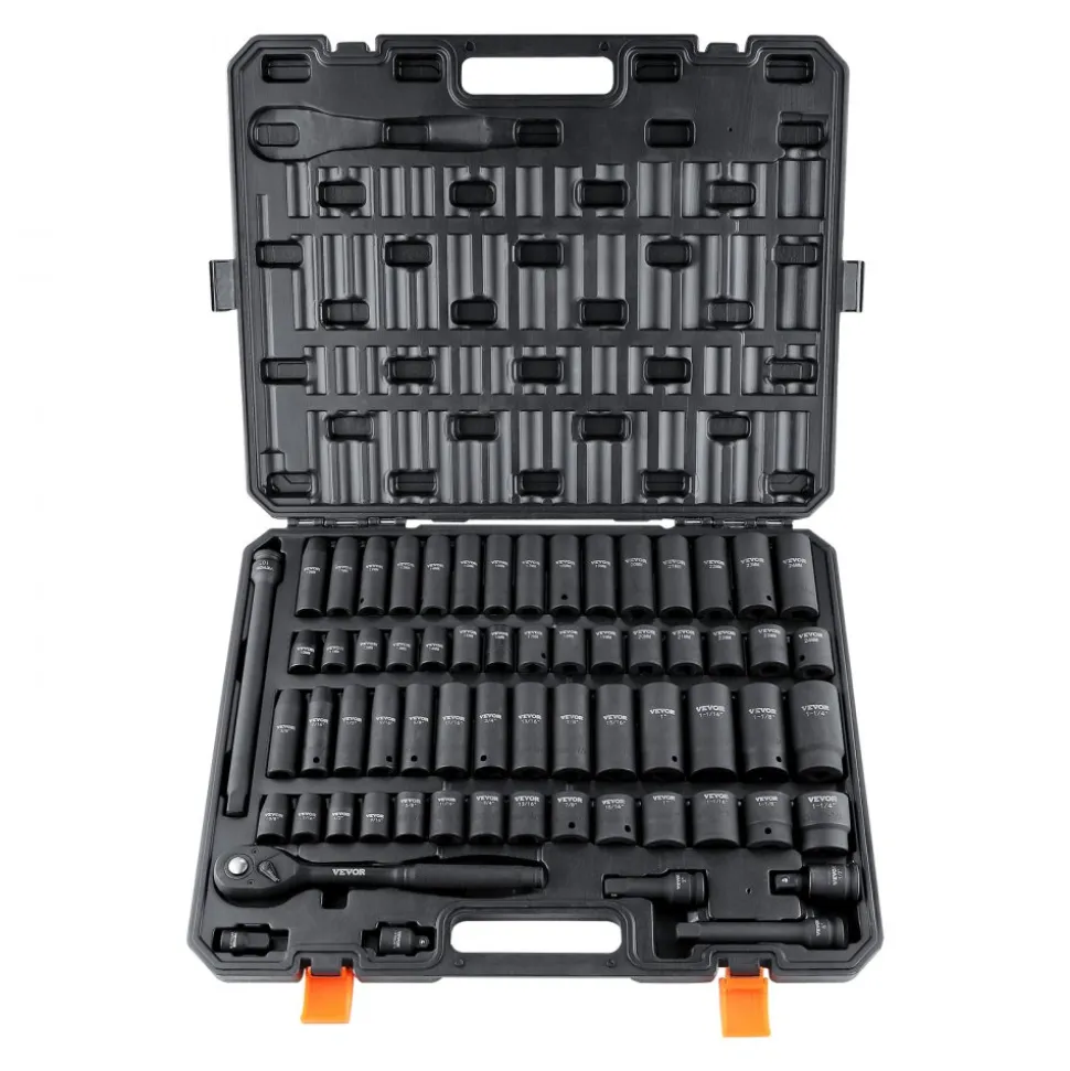 VEVOR 1/2" Drive Impact Socket Set, 65 Piece Socket Set SAE 3/8" to 1-1/4" and Metric 10-24mm, 6 Point Cr-V Alloy Steel for Auto Repair, Rugged Construction, Easy-to-Read Size Markings, Storage Case
