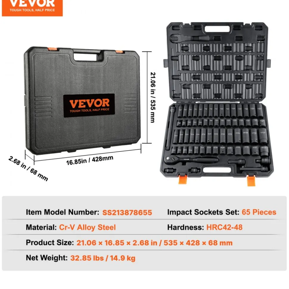 VEVOR 1/2" Drive Impact Socket Set, 65 Piece Socket Set SAE 3/8" to 1-1/4" and Metric 10-24mm, 6 Point Cr-V Alloy Steel for Auto Repair, Rugged Construction, Easy-to-Read Size Markings, Storage Case