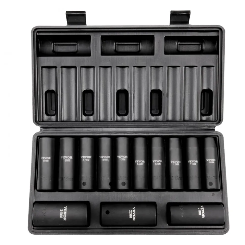VEVOR 1/2" Drive Impact Socket Set, 13 Piece Deep Socket Set Metric 10-24mm, 6 Point CR-V Alloy Steel for Auto Repair, Easy-to-Read Size Markings, Rugged Construction, Includes Storage Case