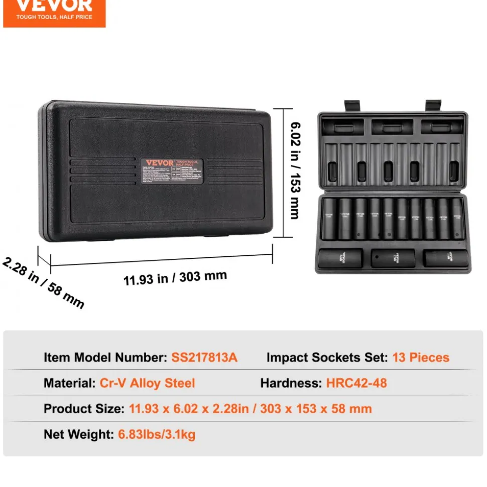 VEVOR 1/2" Drive Impact Socket Set, 13 Piece Deep Socket Set Metric 10-24mm, 6 Point CR-V Alloy Steel for Auto Repair, Easy-to-Read Size Markings, Rugged Construction, Includes Storage Case