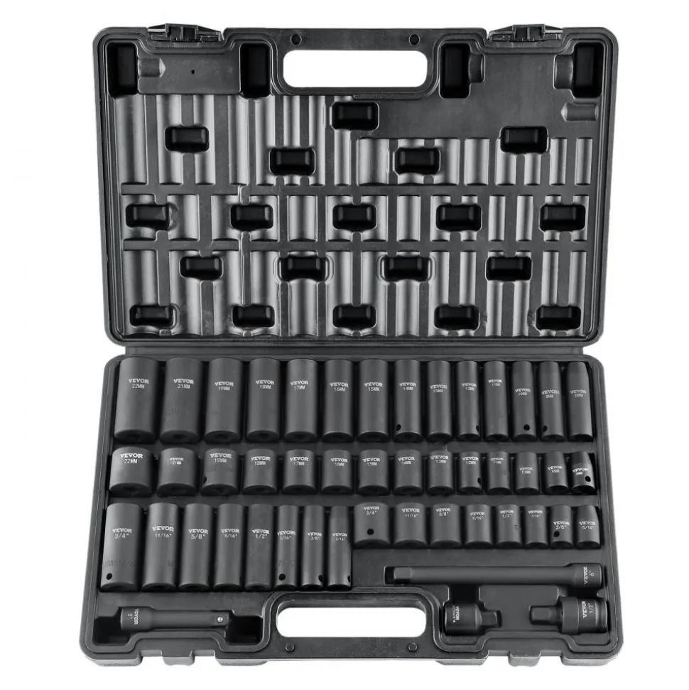 VEVOR 3/8" Drive Impact Socket Set, 48 Piece Socket Set SAE (5/16" -3/4") & Metric (8-22mm)6 Point Cr-V Drive Extension Bar Universal Joint & Power Drill Adapter Includes Storage Case