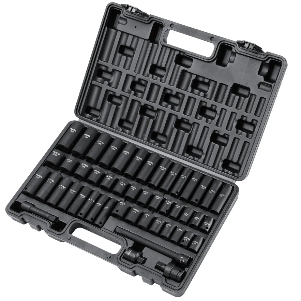 VEVOR 3/8" Drive Impact Socket Set, 48 Piece Socket Set SAE (5/16" -3/4") & Metric (8-22mm)6 Point Cr-V Drive Extension Bar Universal Joint & Power Drill Adapter Includes Storage Case