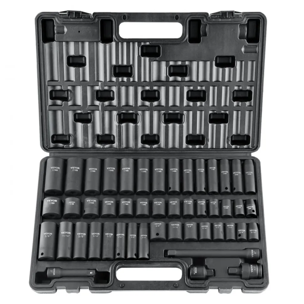 VEVOR 3/8" Drive Impact Socket Set, 48 Piece Socket Set SAE (5/16" -3/4") & Metric (8-22mm)6 Point Cr-V Drive Extension Bar Universal Joint & Power Drill Adapter Includes Storage Case