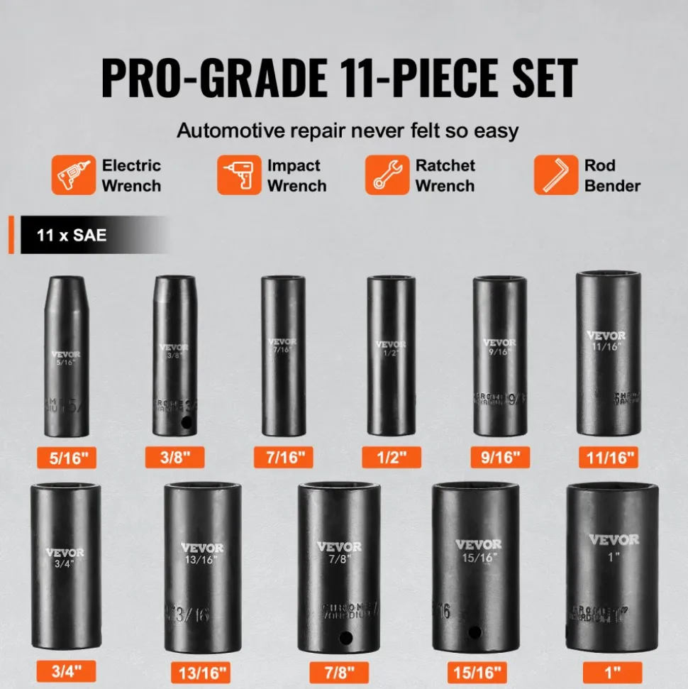 VEVOR 3/8" Drive Impact Socket Set, 29 Piece Shallow Socket Set SAE 3/8"-1" and Metric 8-22mm, 6 Point CR-V Alloy Steel for Auto Repair, Easy-to-Read Size Markings, Rugged Construction, Storage Case