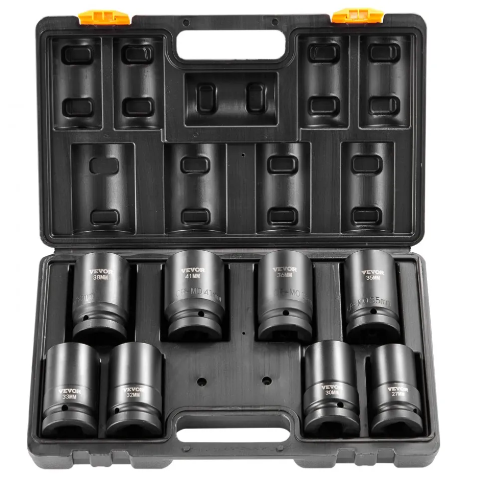 VEVOR 1" Drive Impact Socket Set, 8 Piece Deep Socket Set Metric 27-41mm, 6 Point Cr-Mo Alloy Steel for Auto Repair, Easy-to-Read Size Markings, Rugged Construction, Includes Storage Case