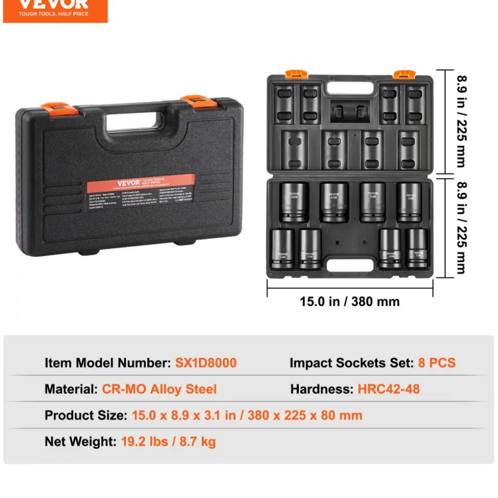 VEVOR 1" Drive Impact Socket Set, 8 Piece Deep Socket Set Metric 27-41mm, 6 Point Cr-Mo Alloy Steel for Auto Repair, Easy-to-Read Size Markings, Rugged Construction, Includes Storage Case
