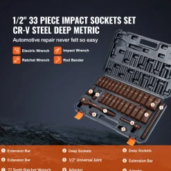 VEVOR 1/2" Drive Impact Socket Set, 33 Piece Socket Set SAE 3/8"-1" and Metric 10-24mm, 6 Point Cr-V Alloy Steel for Auto Repair, Easy-to-Read Size Markings, Rugged Construction, Includes Storage Case