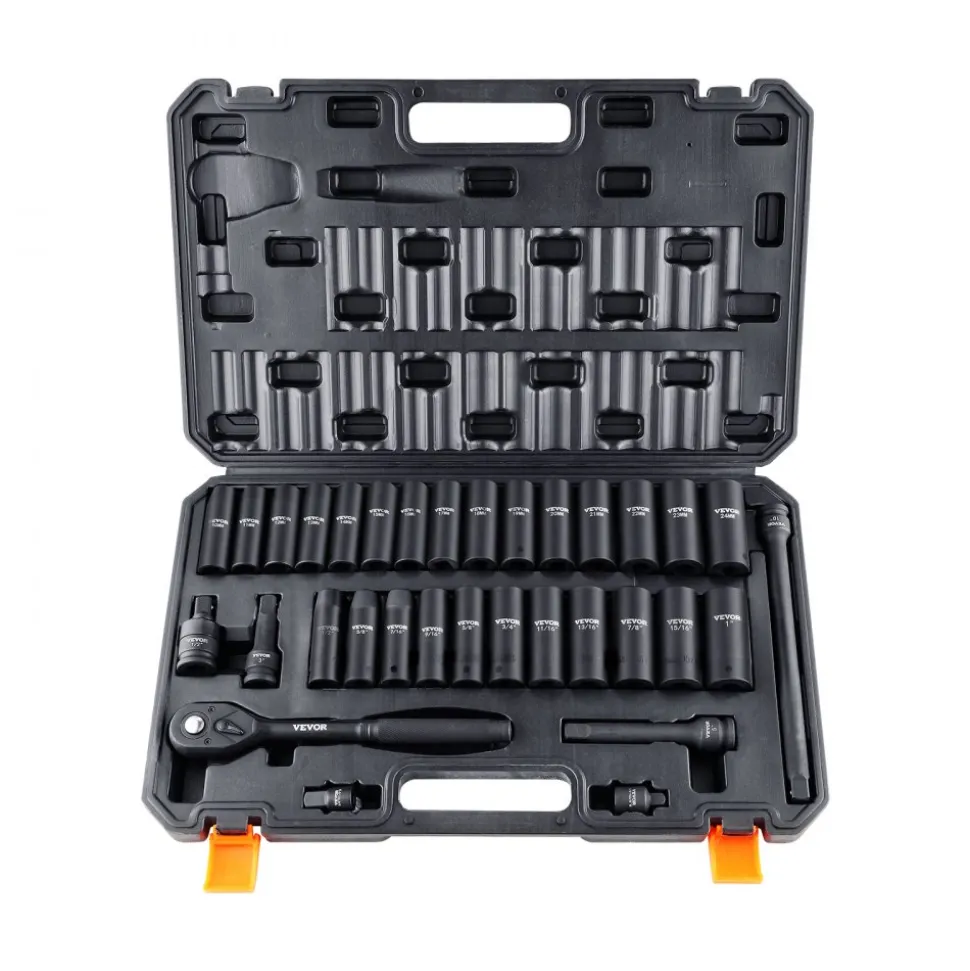 VEVOR 1/2" Drive Impact Socket Set, 33 Piece Socket Set SAE 3/8"-1" and Metric 10-24mm, 6 Point Cr-V Alloy Steel for Auto Repair, Easy-to-Read Size Markings, Rugged Construction, Includes Storage Case