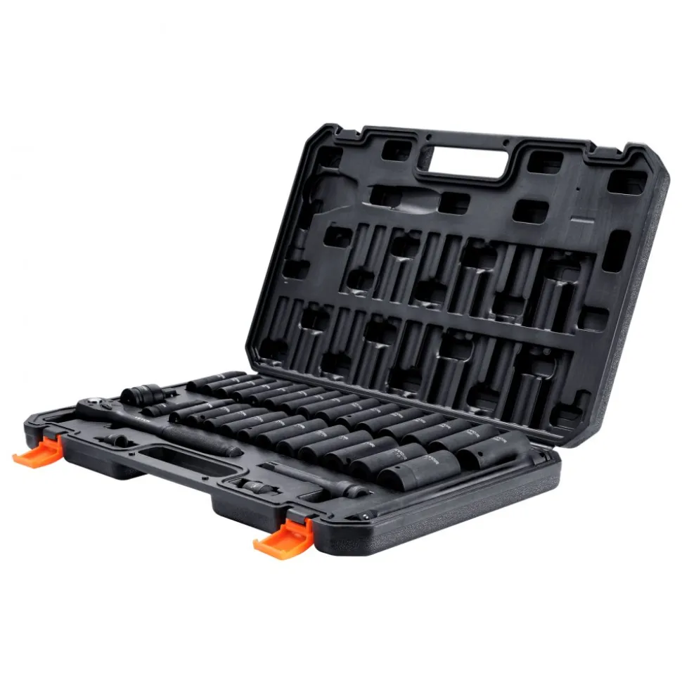 VEVOR 1/2" Drive Impact Socket Set, 33 Piece Socket Set SAE 3/8"-1" and Metric 10-24mm, 6 Point Cr-V Alloy Steel for Auto Repair, Easy-to-Read Size Markings, Rugged Construction, Includes Storage Case