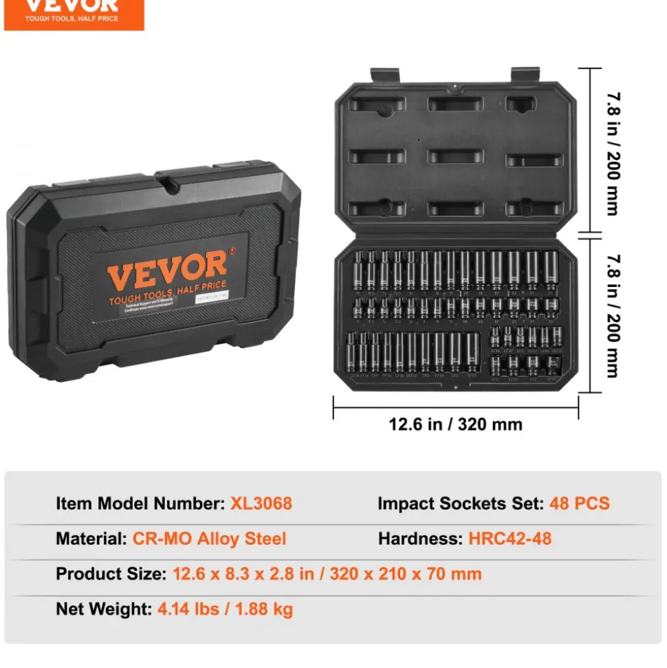 VEVOR Drive Impact Socket Set 1/4" - 14 Piece Deep Socket Set Metric 4-15mm - 6 Point Cr-Mo Alloy Steel for Auto Repair - Easy-to-Read Size Markings - Rugged Construction - Socket Organizer