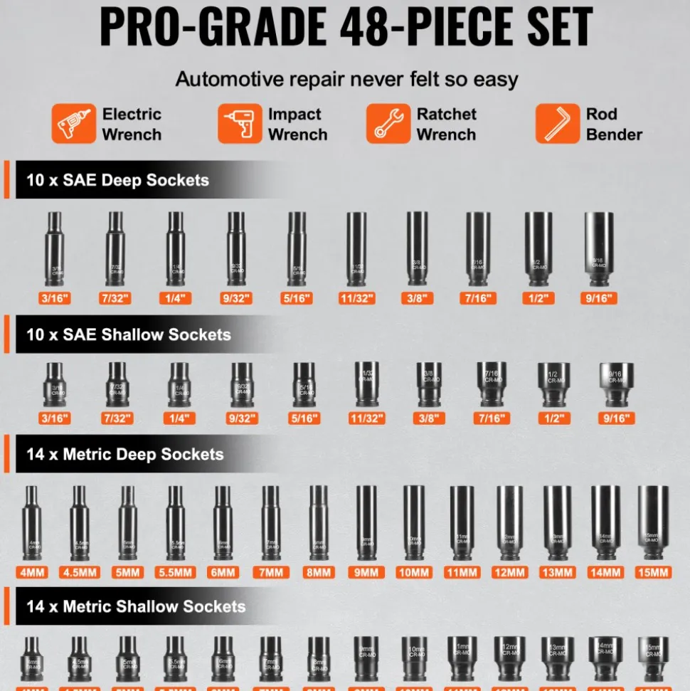 VEVOR Drive Impact Socket Set 1/4" - 14 Piece Deep Socket Set Metric 4-15mm - 6 Point Cr-Mo Alloy Steel for Auto Repair - Easy-to-Read Size Markings - Rugged Construction - Socket Organizer