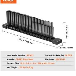 VEVOR 1/4" Drive Impact Socket Set, 14 Piece Deep Socket Set Metric 4-15mm, 6 Point Cr-Mo Alloy Steel for Auto Repair, Easy-to-Read Size Markings, Rugged Construction, Socket Organizer