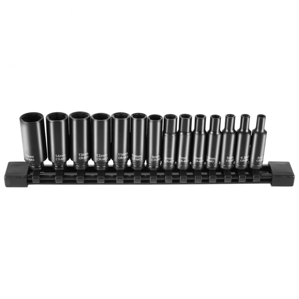VEVOR 1/4" Drive Impact Socket Set, 14 Piece Deep Socket Set Metric 4-15mm, 6 Point Cr-Mo Alloy Steel for Auto Repair, Easy-to-Read Size Markings, Rugged Construction, Socket Organizer