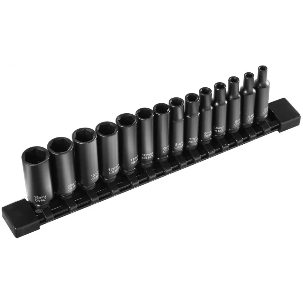 VEVOR 1/4" Drive Impact Socket Set, 14 Piece Deep Socket Set Metric 4-15mm, 6 Point Cr-Mo Alloy Steel for Auto Repair, Easy-to-Read Size Markings, Rugged Construction, Socket Organizer