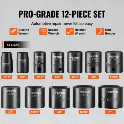 VEVOR 3/8" Drive Impact Socket Set, 12 Piece Shallow Socket Set SAE 5/16"-1", 6 Point Cr-Mo Alloy Steel for Auto Repair, Easy-to-Read Size Markings, Rugged Construction, Includes Storage Case