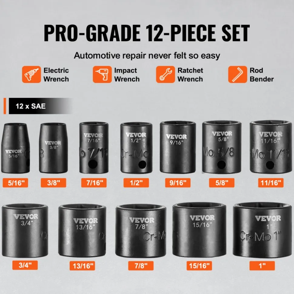 VEVOR 3/8" Drive Impact Socket Set, 12 Piece Shallow Socket Set SAE 5/16"-1", 6 Point Cr-Mo Alloy Steel for Auto Repair, Easy-to-Read Size Markings, Rugged Construction, Includes Storage Case