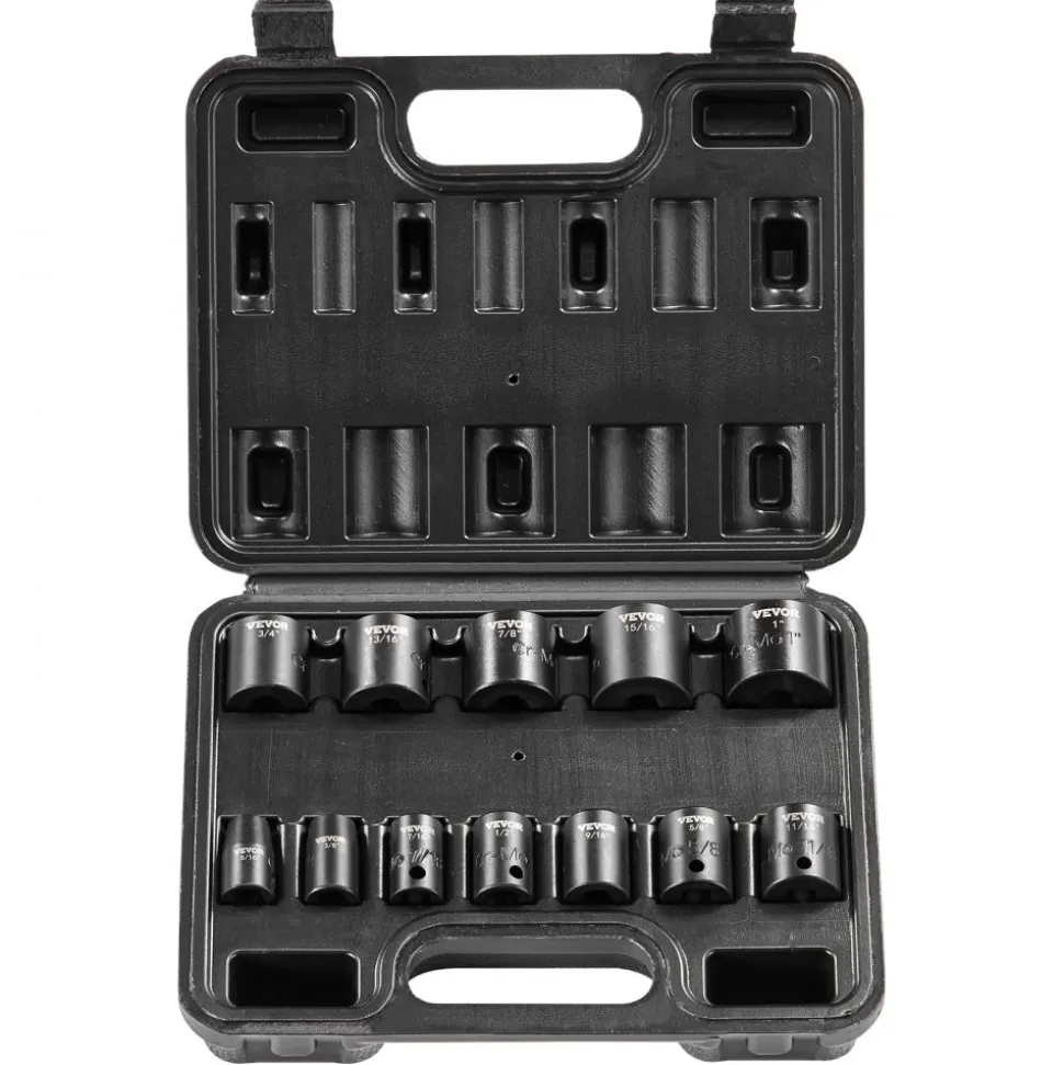 VEVOR 3/8" Drive Impact Socket Set, 12 Piece Shallow Socket Set SAE 5/16"-1", 6 Point Cr-Mo Alloy Steel for Auto Repair, Easy-to-Read Size Markings, Rugged Construction, Includes Storage Case