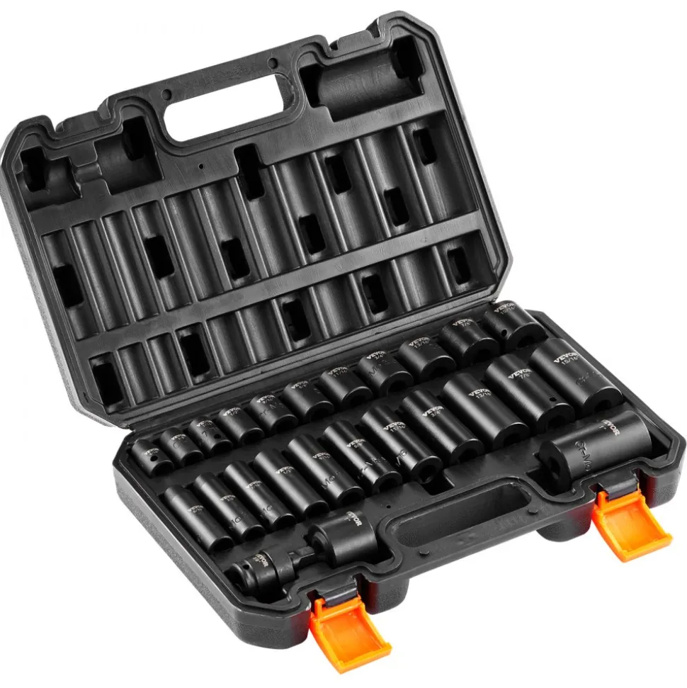 VEVOR 3/8" Drive Impact Socket Set, 25 Piece Deep & Shallow Socket Set SAE 5/16" - 1", 6 Point Cr-Mo Alloy Steel for Auto Repair, Easy-to-Read Size Markings, Rugged Construction, Includes Storage Case