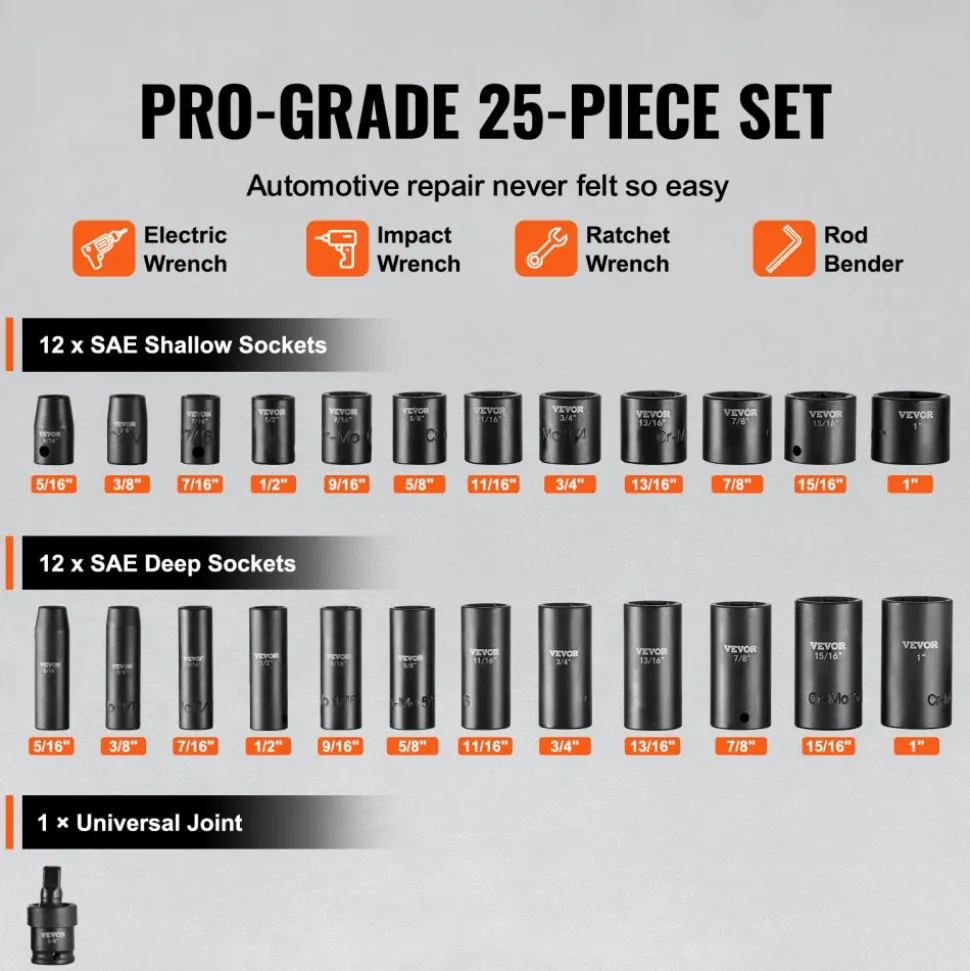 VEVOR 3/8" Drive Impact Socket Set, 25 Piece Deep & Shallow Socket Set SAE 5/16" - 1", 6 Point Cr-Mo Alloy Steel for Auto Repair, Easy-to-Read Size Markings, Rugged Construction, Includes Storage Case