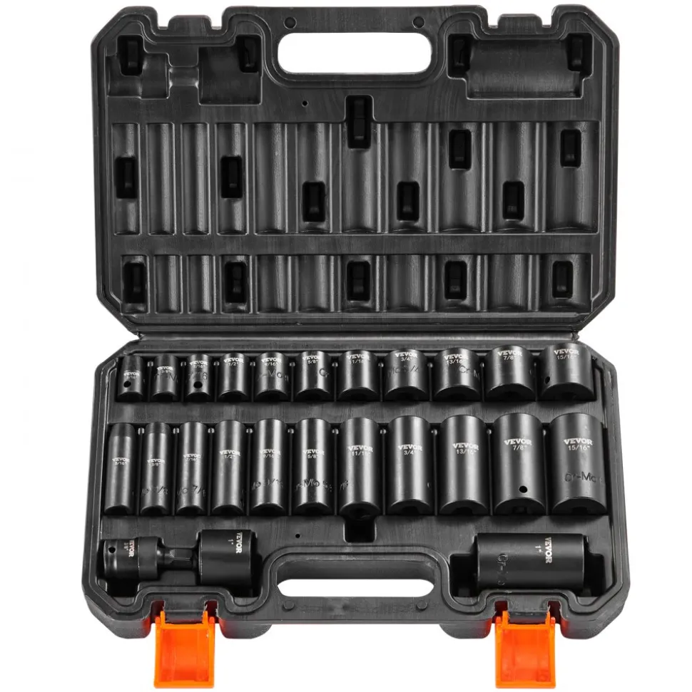 VEVOR 3/8" Drive Impact Socket Set, 25 Piece Deep & Shallow Socket Set SAE 5/16" - 1", 6 Point Cr-Mo Alloy Steel for Auto Repair, Easy-to-Read Size Markings, Rugged Construction, Includes Storage Case
