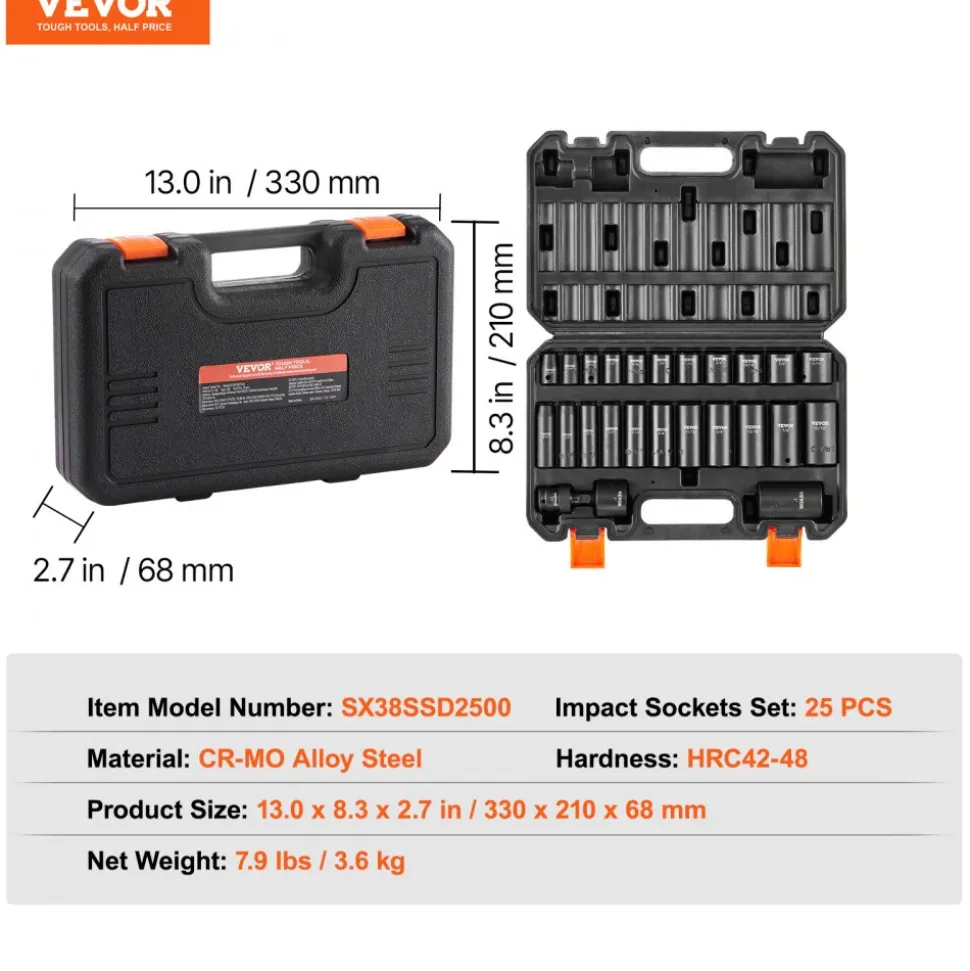 VEVOR 3/8" Drive Impact Socket Set, 25 Piece Deep & Shallow Socket Set SAE 5/16" - 1", 6 Point Cr-Mo Alloy Steel for Auto Repair, Easy-to-Read Size Markings, Rugged Construction, Includes Storage Case