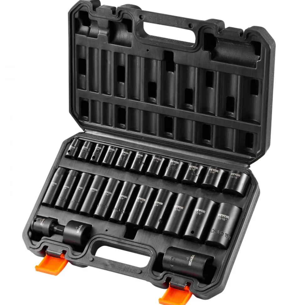 VEVOR 3/8" Drive Impact Socket Set, 25 Piece Deep & Shallow Socket Set SAE 5/16" - 1", 6 Point Cr-Mo Alloy Steel for Auto Repair, Easy-to-Read Size Markings, Rugged Construction, Includes Storage Case