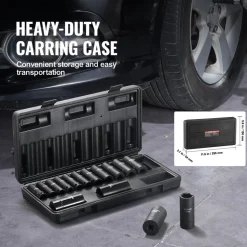 VEVOR 3/8" Drive Impact Socket Set, 15 Piece Deep Socket Set Metric 8-22mm, 6 Point Cr-Mo Alloy Steel for Auto Repair, Easy-to-Read Size Markings, Rugged Construction, Includes Storage Case