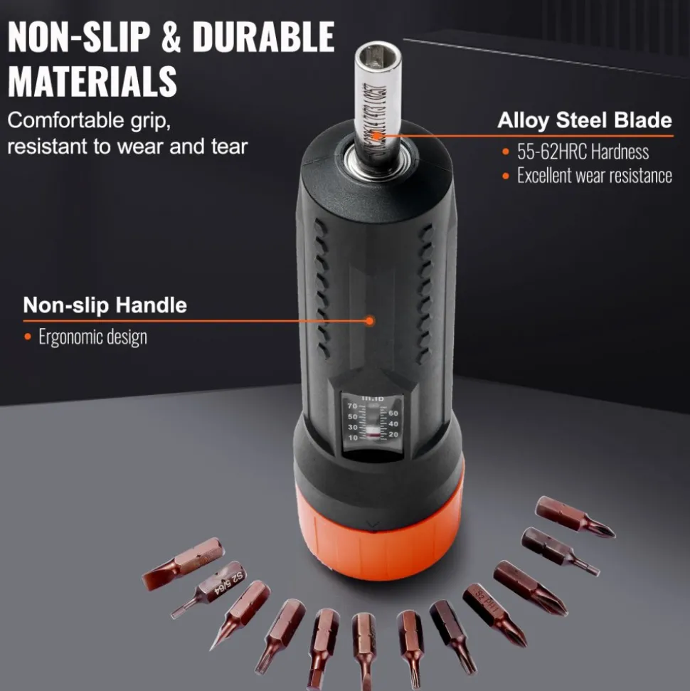 VEVOR 1/4" Drive Torque Screwdriver Wrench Set | 10-70 in-lbs Torque Adjustment Range | 1 in-lb Increment Torque Screwdriver | Driver Bits Set with View Window, 12 Bits & Case, Magnetic Function