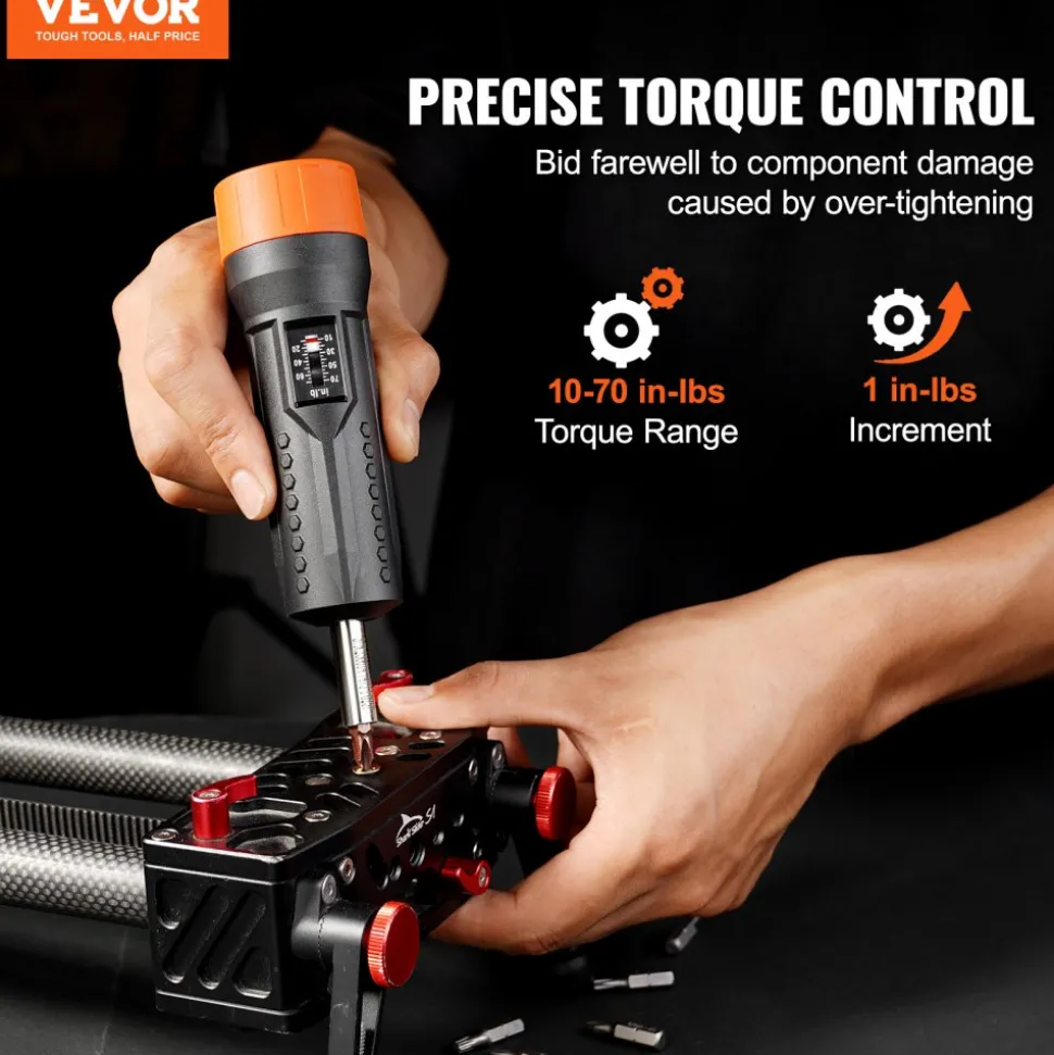 VEVOR 1/4" Drive Torque Screwdriver Wrench Set | 10-70 in-lbs Torque Adjustment Range | 1 in-lb Increment Torque Screwdriver | Driver Bits Set with View Window, 12 Bits & Case, Magnetic Function
