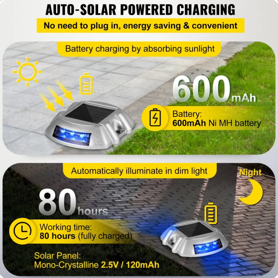 VEVOR Driveway Lights 24-Pack, Solar Driveway Lights with Switch Button, Solar Deck Lights Waterproof, Wireless Dock Lights 6 LEDs for Path Warning Garden Walkway Sidewalk Steps, LED Bright Blue